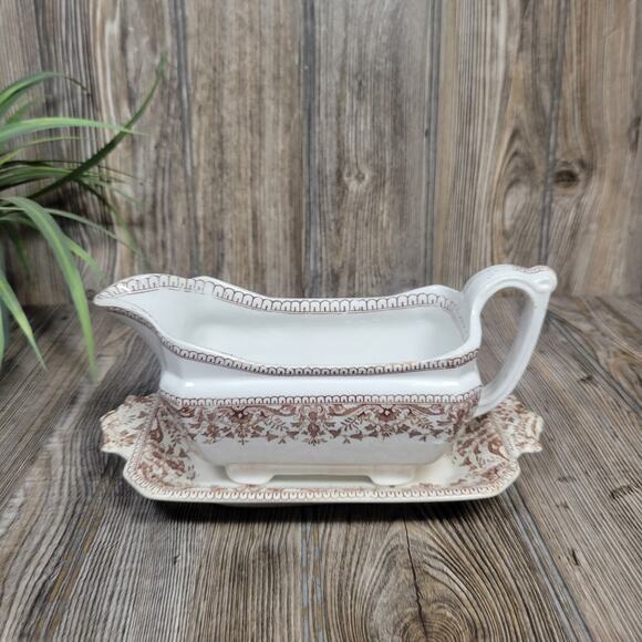 Antique Gravy Boat w Underplate T & R Boote Tournay Ironstone - Picture 1 of 10